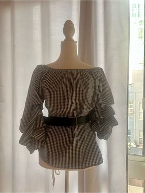 Women's Black & White Gingham Off-Shoulder Ruffle Sleeve Top